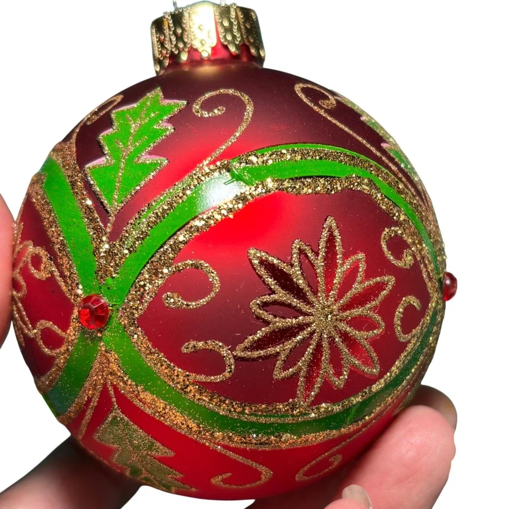 Christmas Ornament Red Vintage‎ Glass Holly Gold Glitter 4